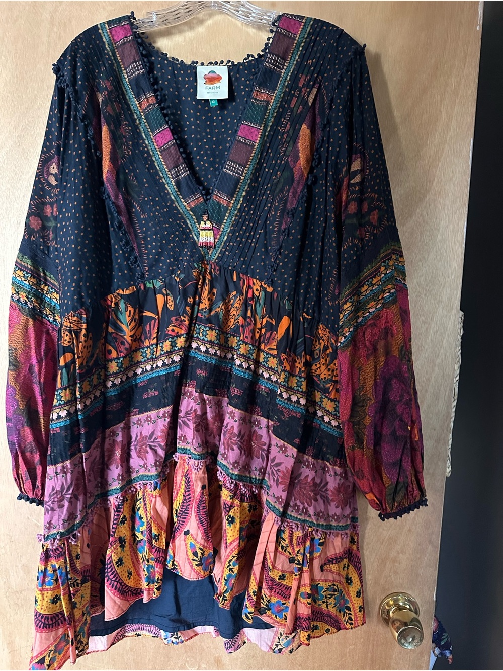 Farm Rio, Bohemian Patchwork V-Neck Long Sleeve Dress in Navy Multi